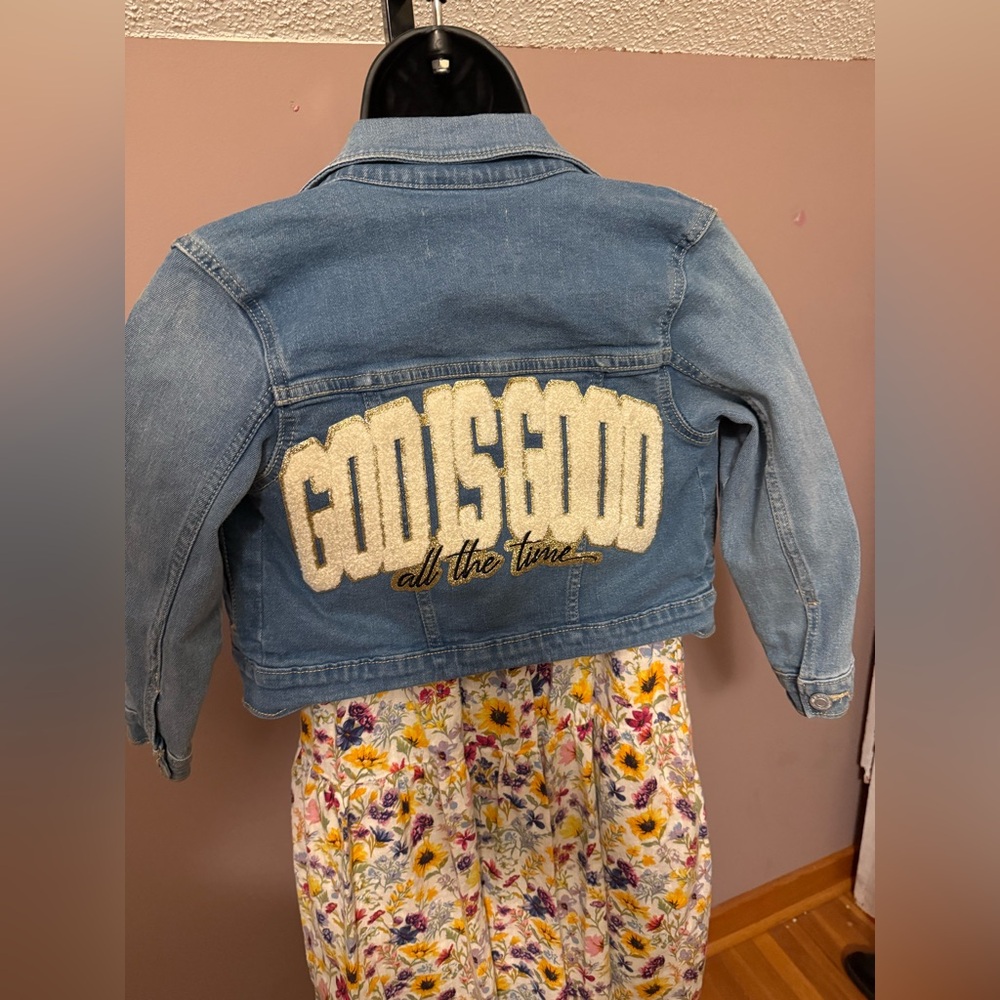 God is Good All the time girls size 5 Chenille Patch Jean jacket